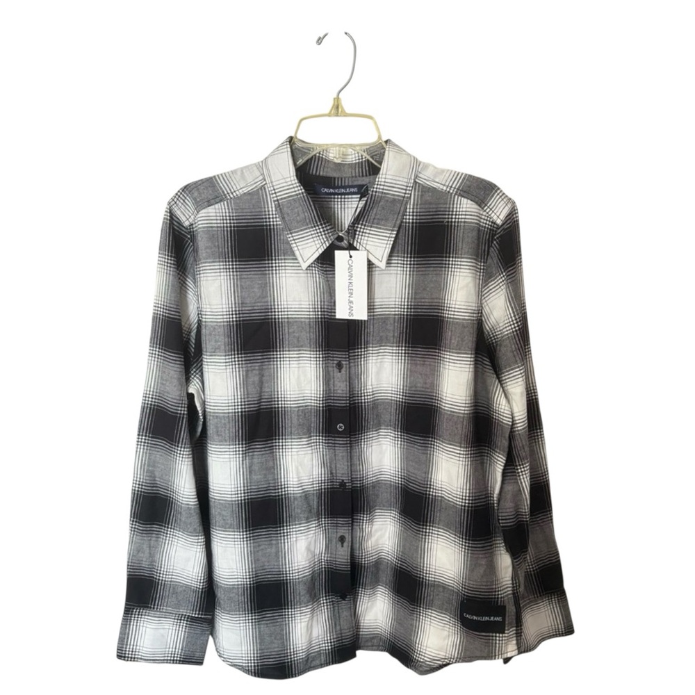 Calvin Klein Men XL Black White Plaid Button Front Shirt‎ Streetwear 90’s Grunge